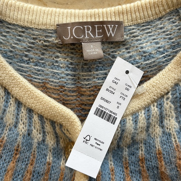 J. Crew Fair Isle Cropped Cardigan Sweater in Brushed Yarn Blue/Tan Small NWT - Picture 10 of 15